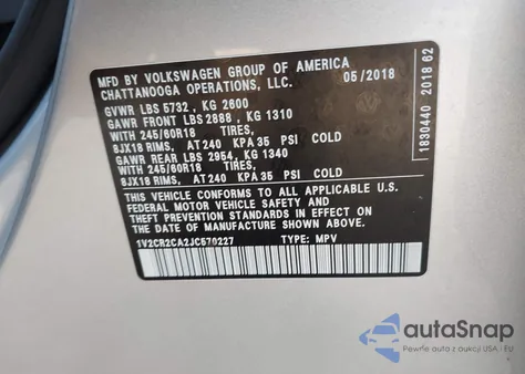 2018 Volkswagen Atlas 3.6L V6 Se from USA, damaged, VIN 1V2CR2CA2JC570227